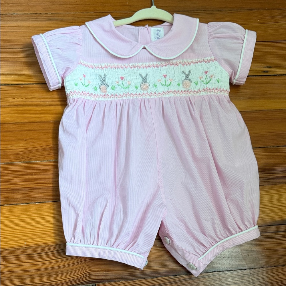 Rachel Riley Light Pink Baby Romper with bunny smocking